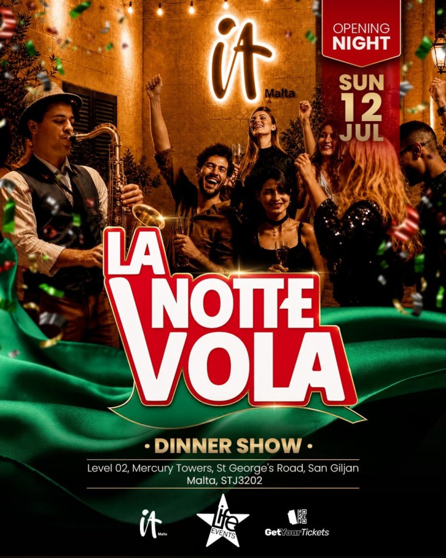 La Notte Vola Italian dinner show at IT Malta Mercury Towers official flyer