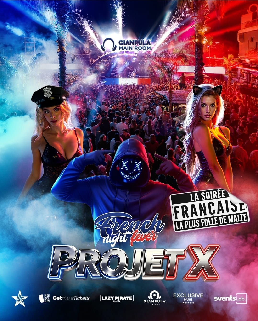 Promotional poster for a French night fever event featuring two women and a person in a hoodie with text and logos.