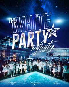 Promotional poster for 'The White Party' event with people gathered around a pool at night.