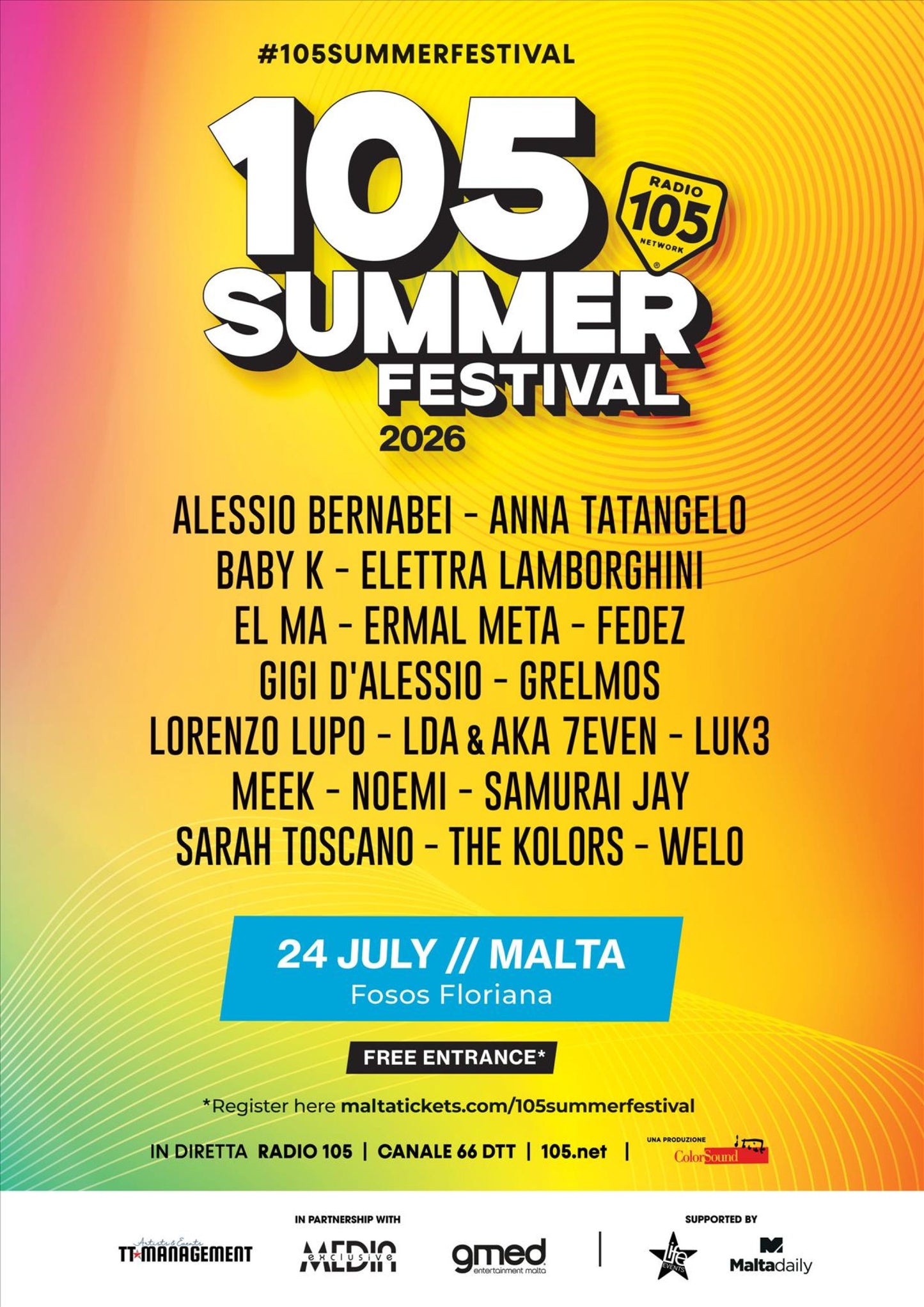 105 Summer Festival Malta 2026 lineup flyer – Fosos Floriana 24 July