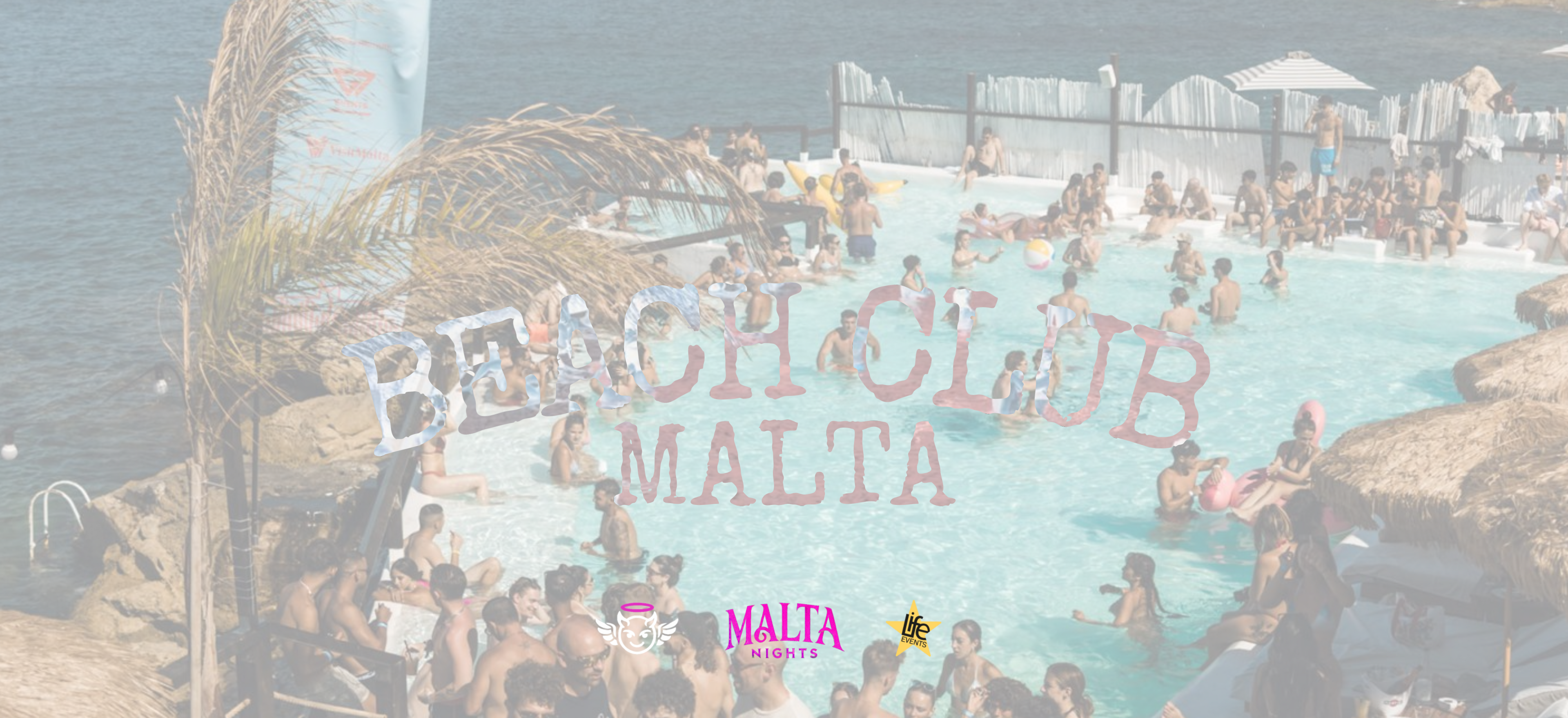 Beach club in Malta with pool party, people enjoying music, drinks and summer seaside atmosphere