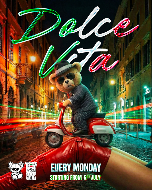 Teddy bear on a scooter with 'Dolce Vita' neon sign and city street background