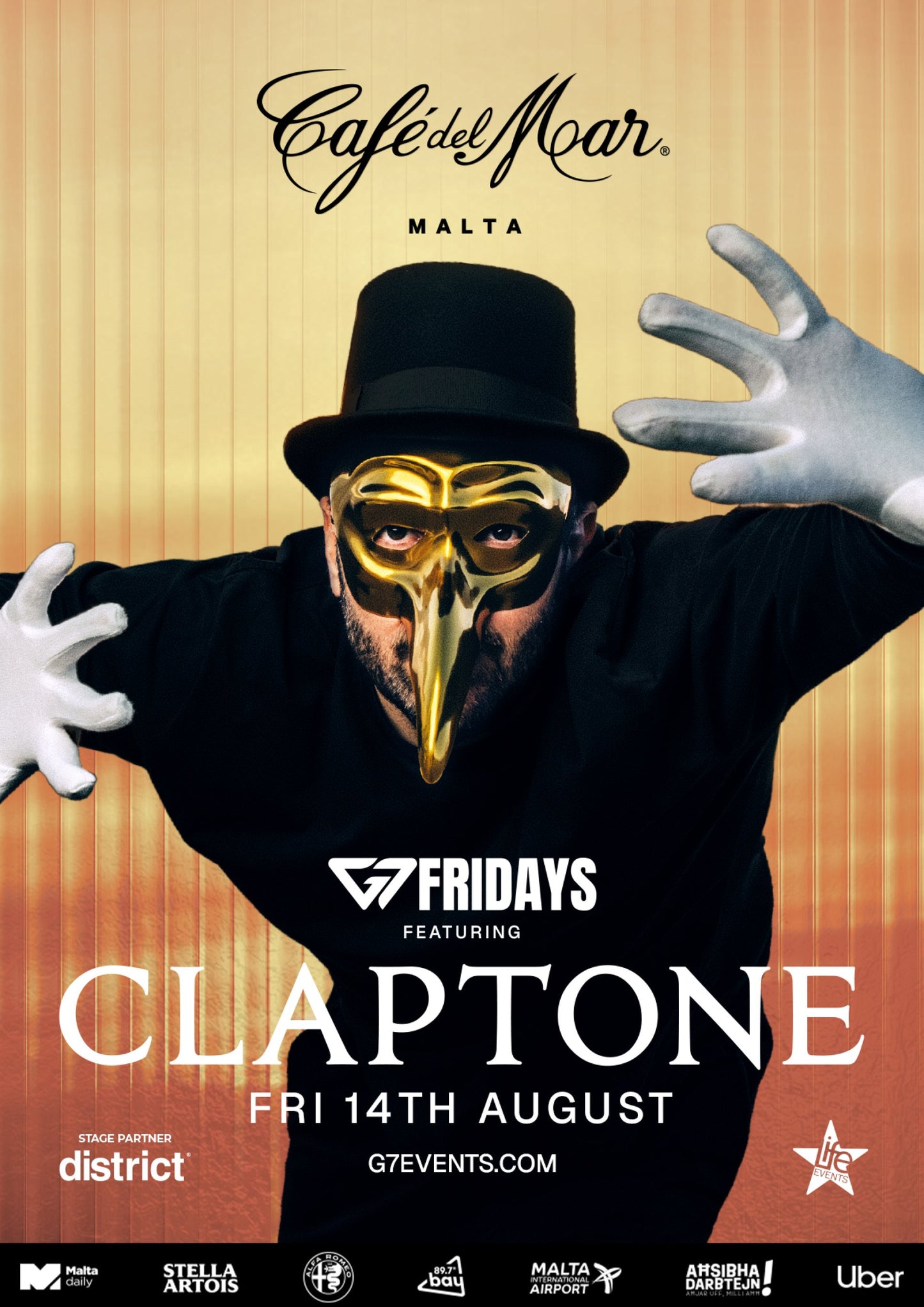CLAPTONE at Café del Mar Malta – 14-15 August 2026 official flyer