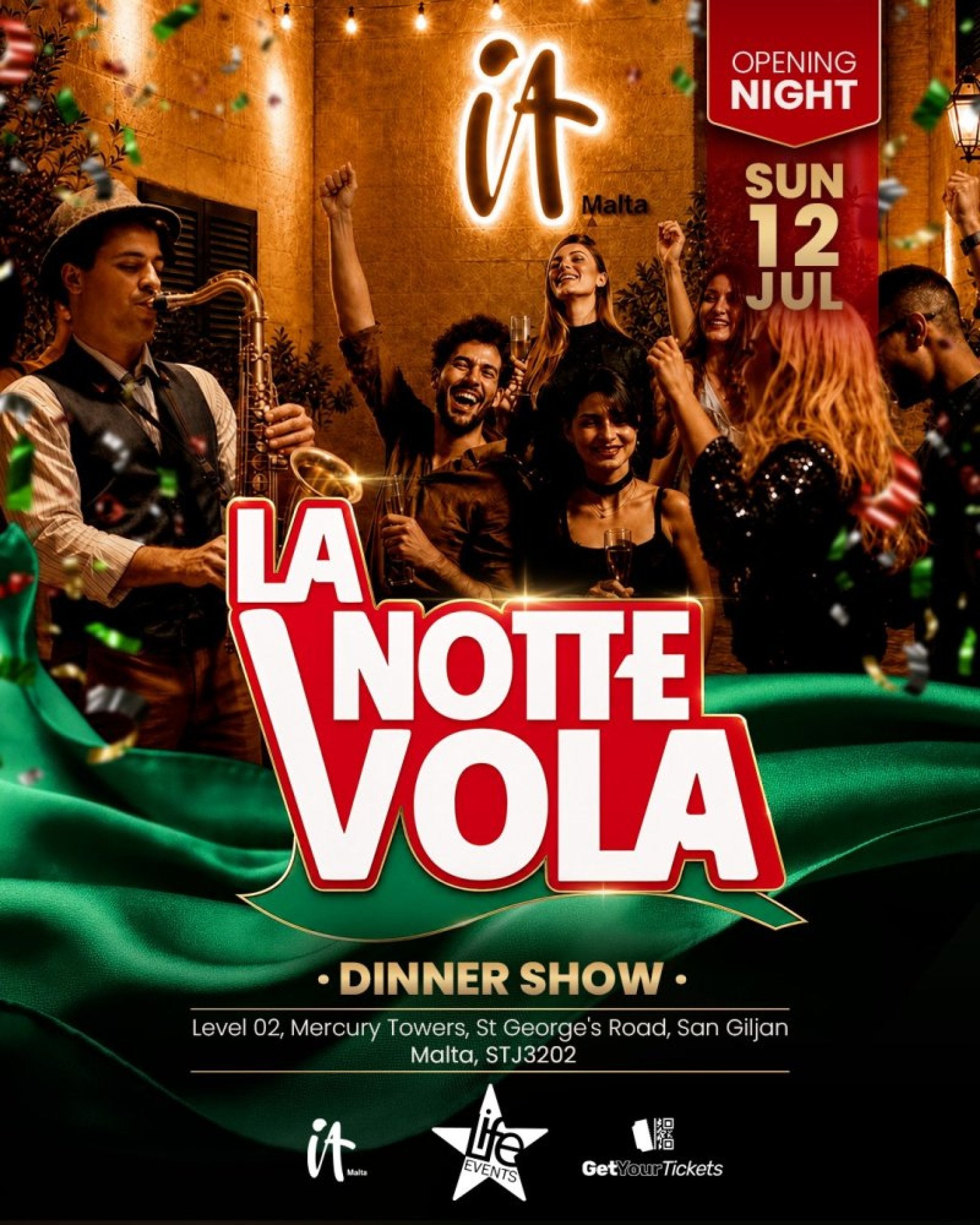 La Notte Vola Italian dinner show at IT Malta Mercury Towers official flyer