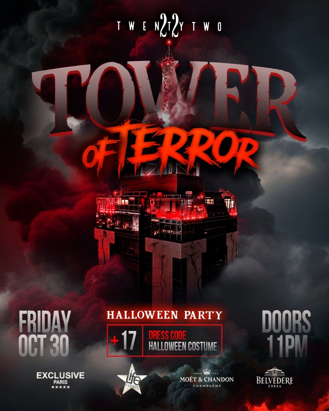 Tower of Terror, Halloween party at TwentyTwo Malta, Friday 30 October 2026, doors 11pm, 17+, Halloween costume dress code: official flyer