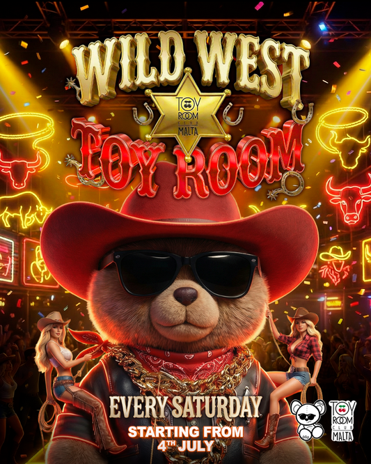 Promotional poster for 'Wild West Toy Room' with a teddy bear in cowboy attire and neon lights.
